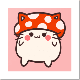 Happy kitty in a mushroom hat Posters and Art